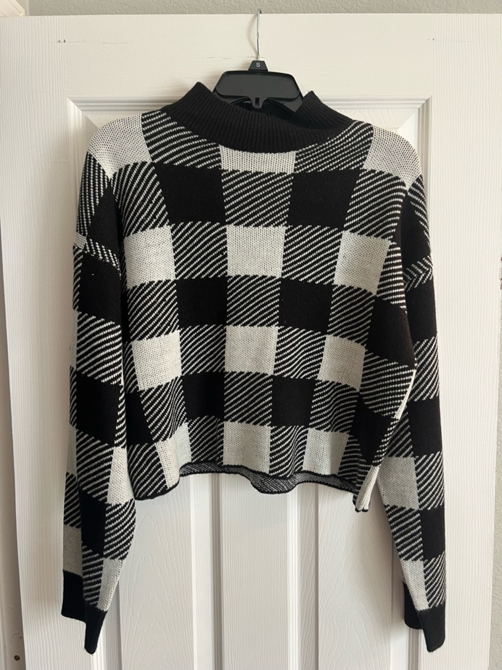 Black & White Checkered Mock Neck Women's Sweater
